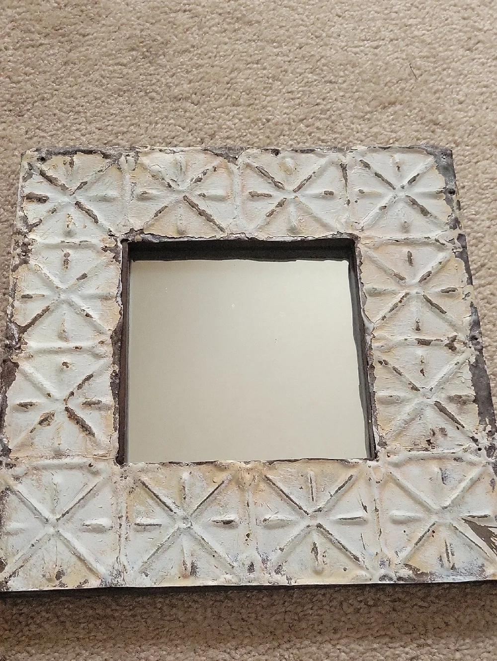 Distressed White Decorative Wall Mirror - Rustic Tile-Pattern Frame.